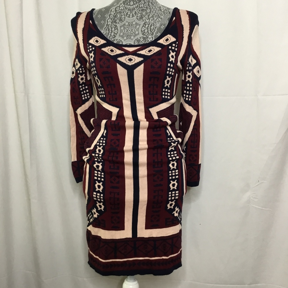 Dress Red Pink Geometric Scoop Neck A Line LS Knee